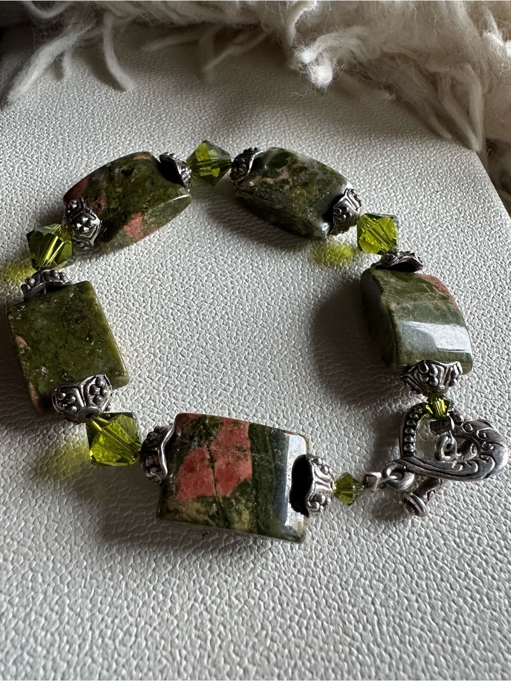 Vintage Unakite Stone Green Crystal Beaded Silver Tone Artisan Bracelet